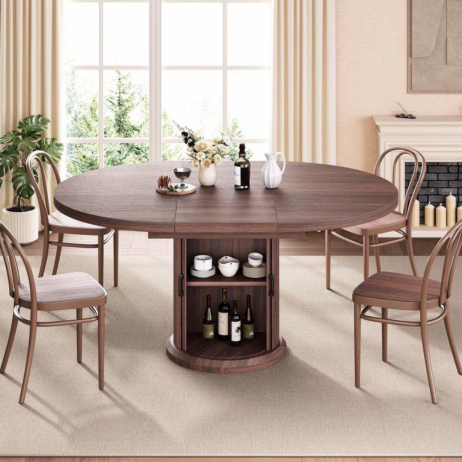Extendable Round Oval Dining Table Brown Furniture-2
