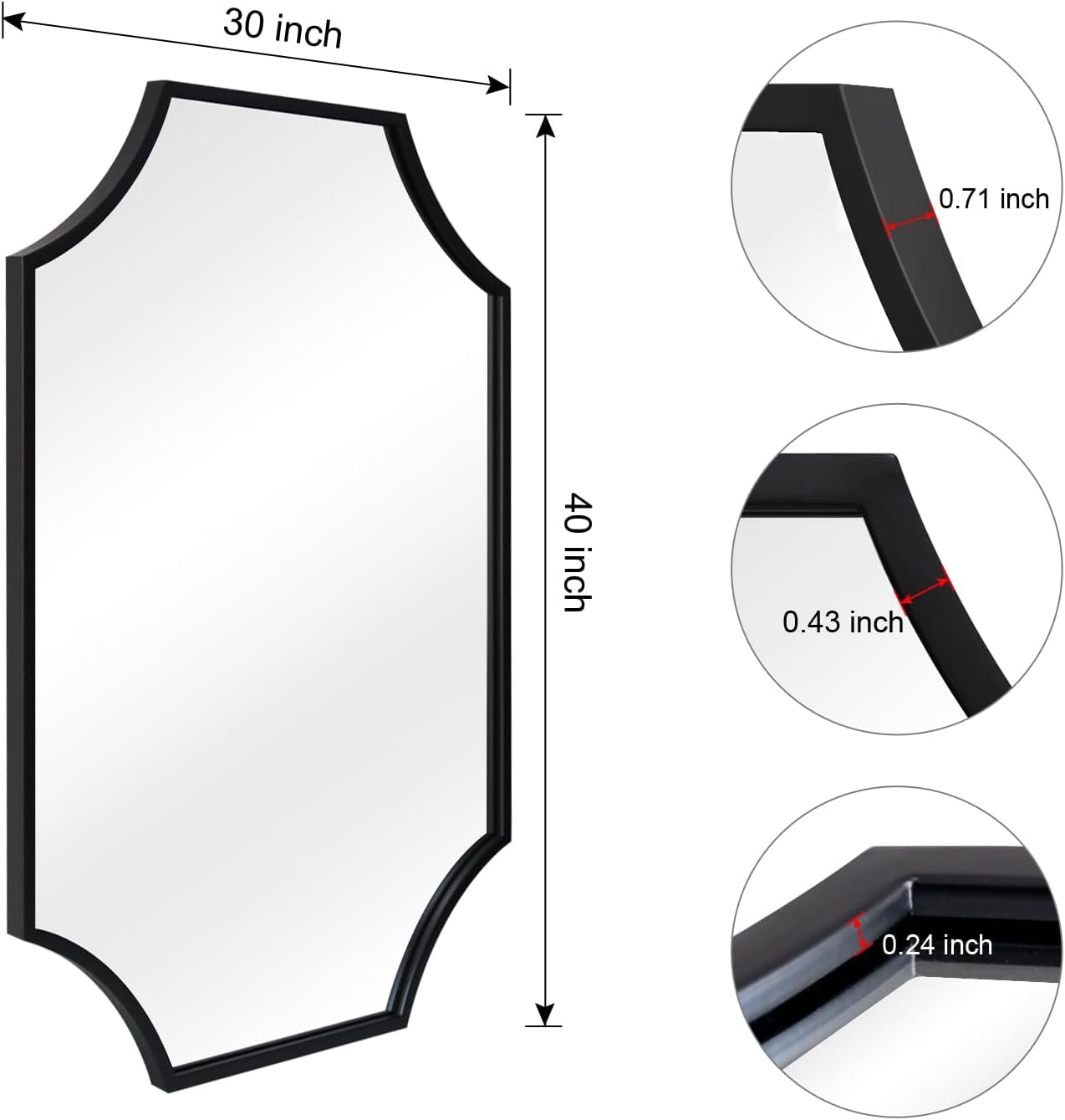 Black Scalloped Wall Mirror 30x40Inch Aluminium Frame-3