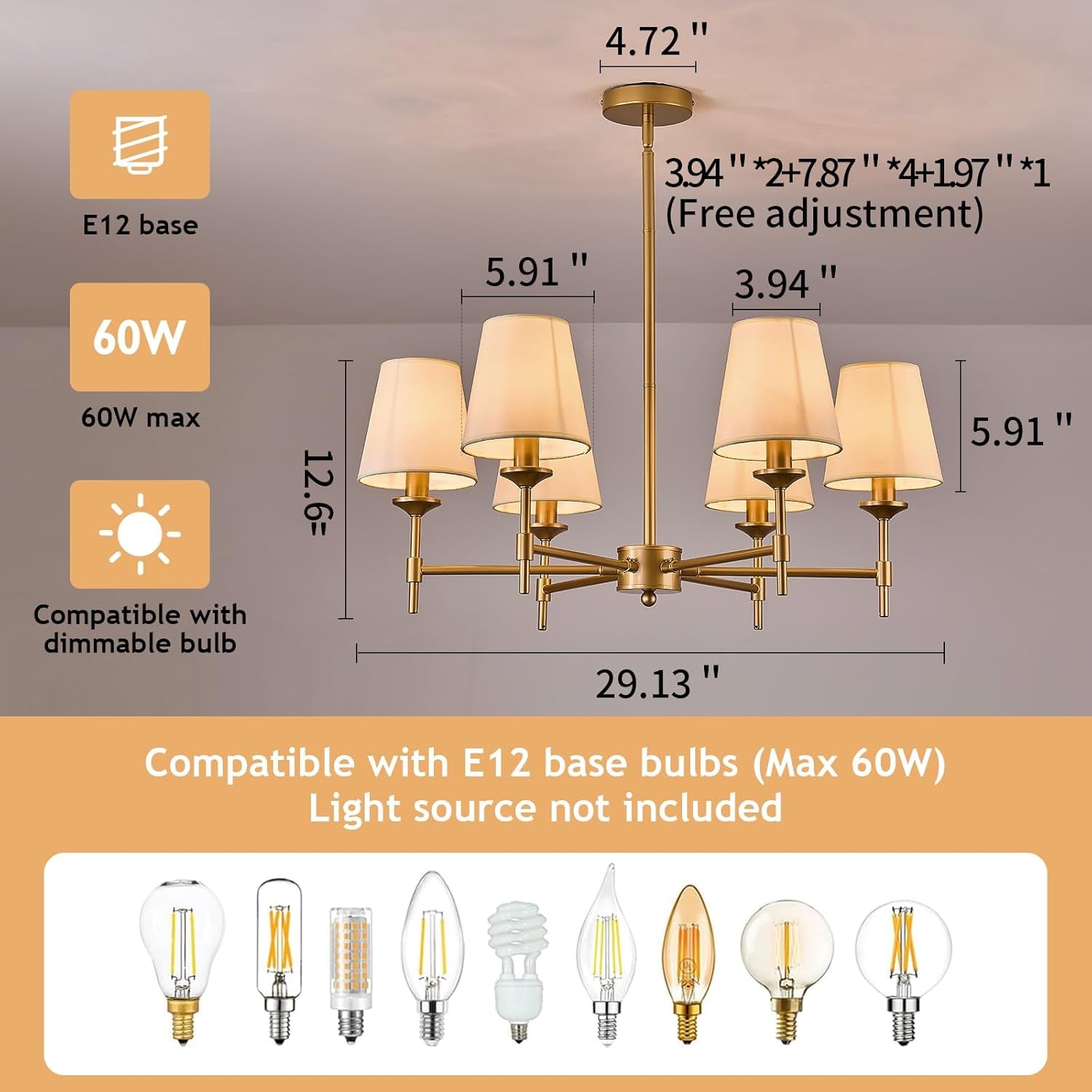 Gold Farmhouse Chandelier 6 Light Linen Shade Fixture-1