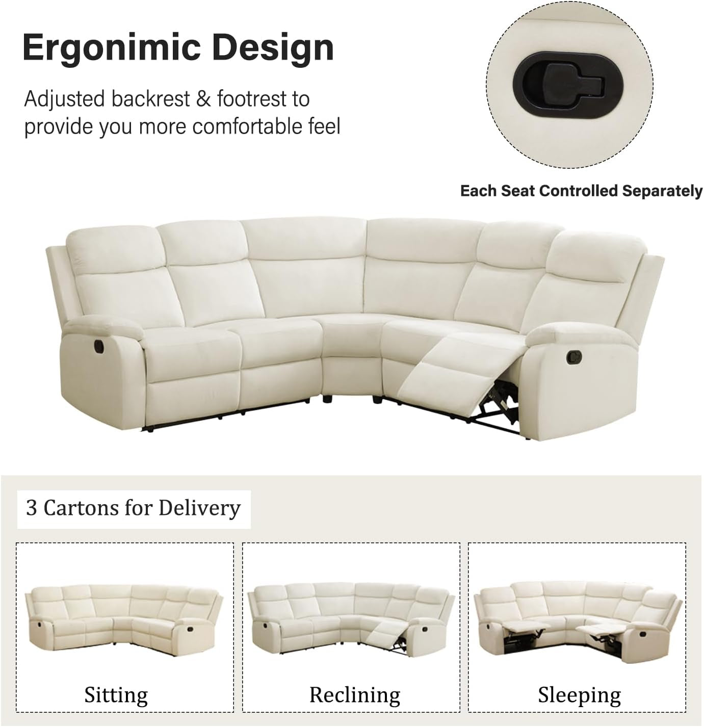 Off White Recliner Sectional Sofa Five Seats Living Room-3