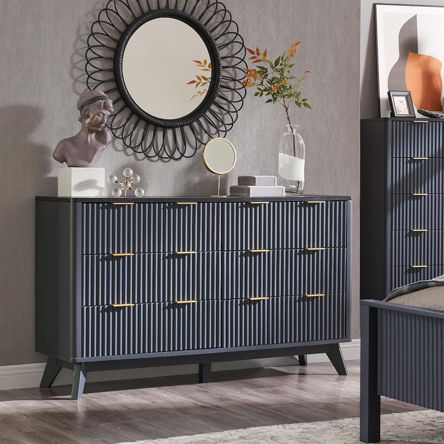 54 Inch Fluted Dresser With Dark Gray Faux Marble Top-2