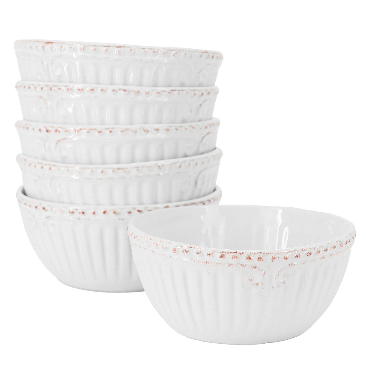 Modern Southern Home Capri 6 Piece 6 Inch Stoneware Embossed Cereal Bowl Set in White-0