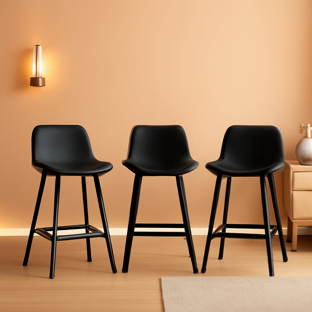 24 Inch Modern Bucket Bar Stool Set Of 3 With Back And Footrest In Faux Leather Black-0