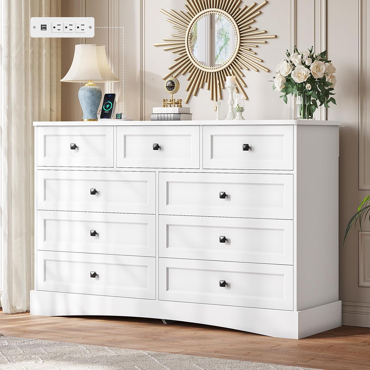 White Dresser for Bedroom with 9 Drawers, 51.2" Large Drawer Dresser with Charging Station, Wide Farmhouse Dresser Chest of Drawers, Wooden Storage Tower Organizer, Dresser for Bedroom Closet-0