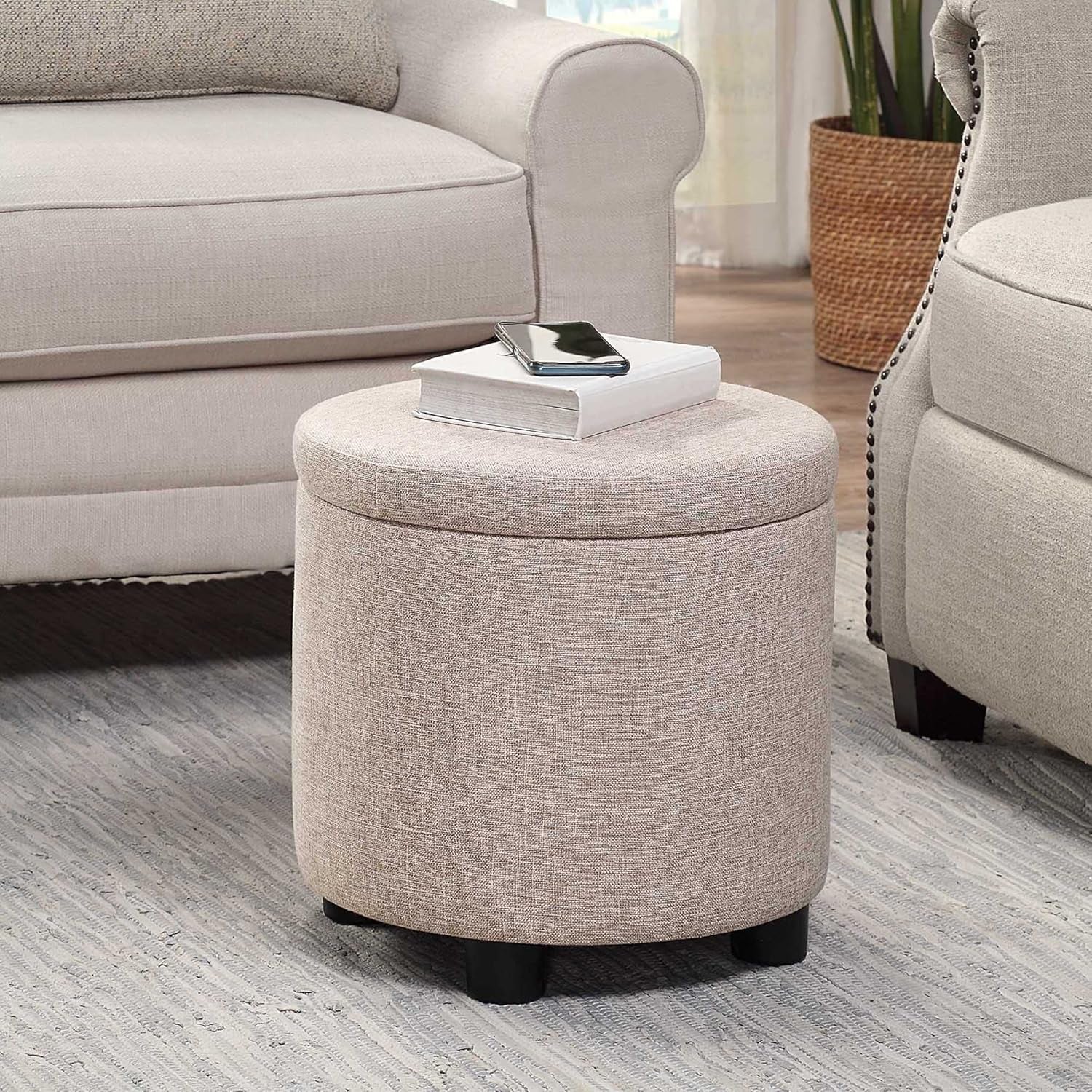 Round Storage Ottoman Upholstered Removable Tray Lid-1