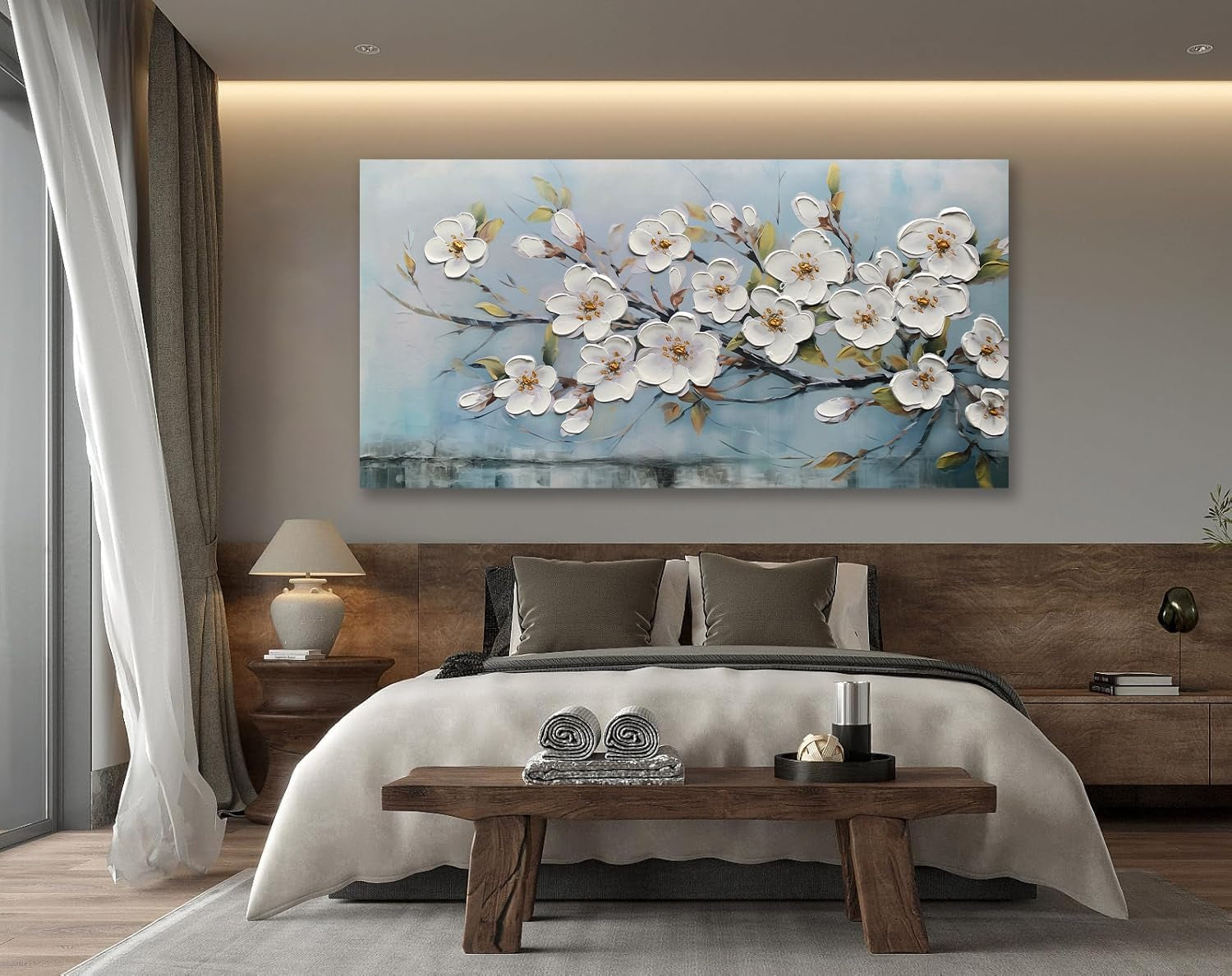 White Textured Floral Land scape Wall Art 40x20 Inches-4