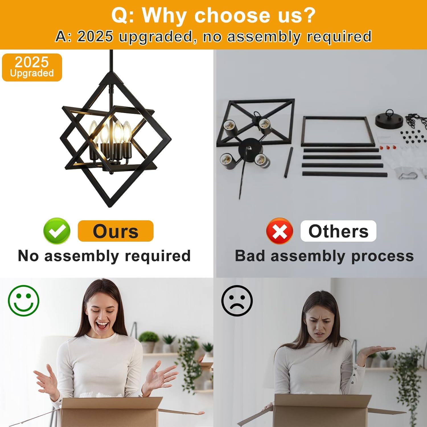 18 Inch Black Geometric Industrial Farmhouse Chandelier With 4 Lights Adjustable Height-3