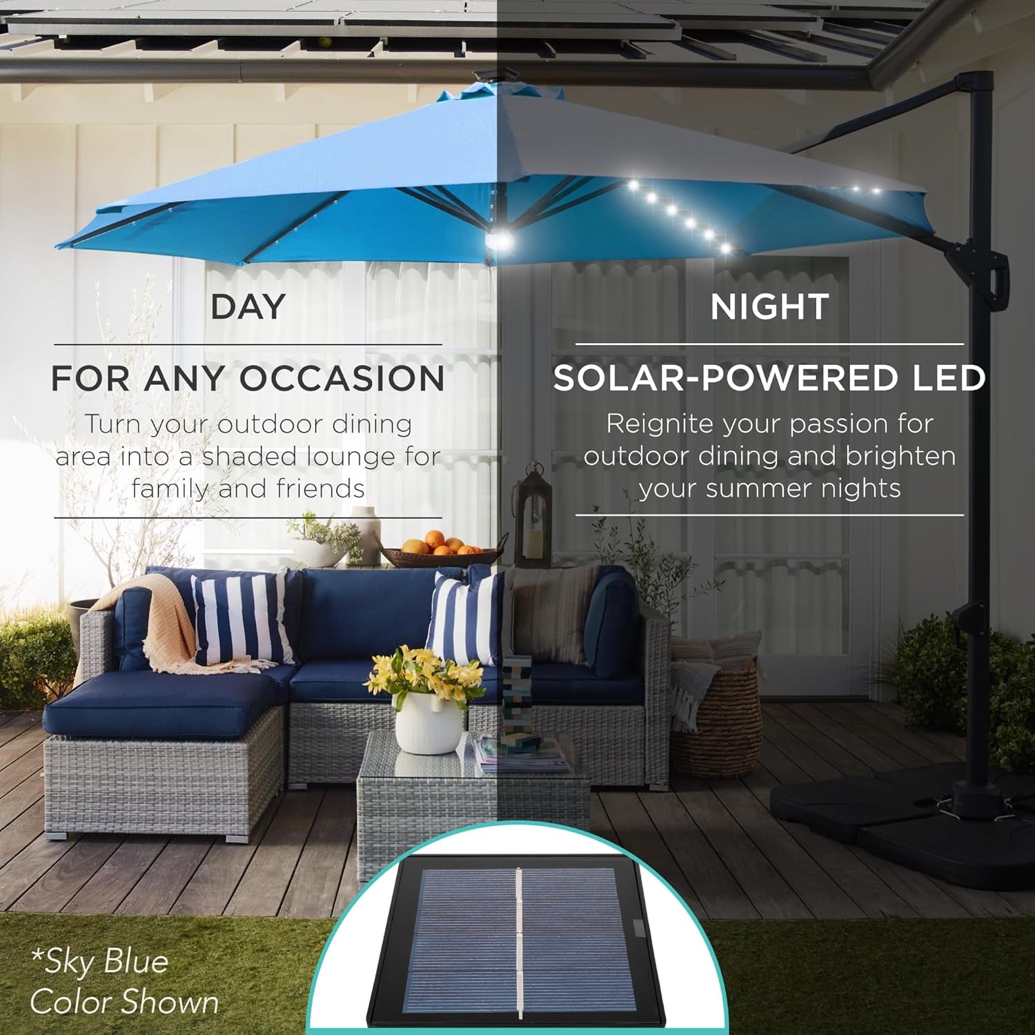 10 Ft Solar LED Cantilever Patio Umbrella With 360 Degree Rotation And Easy Tilt Offset Hanging Design Cross Base-2