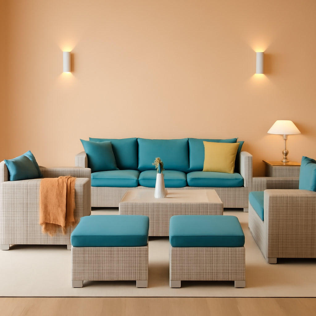 Patio Furniture Set 6 Piece Outdoor Grey Wicker With Peacock Blue Cushions-0