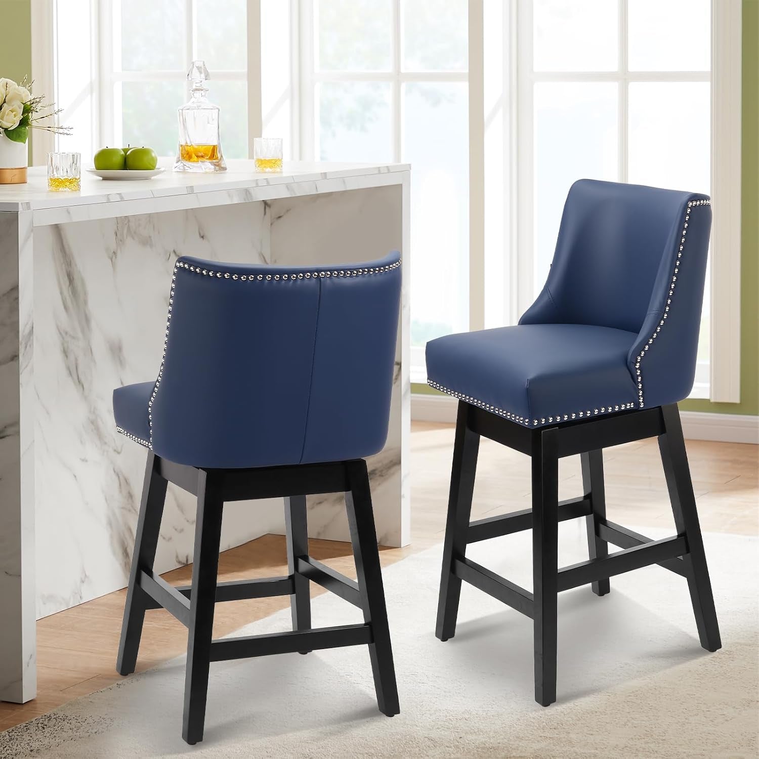 Swivel Bar Stools Set of 2 with Thicker Wood Legs,26" Counter Height Bar Stools,Faux Leather Upholstered Barstools with Backs,Bar Stool for Kitchen Counter,Island,300Lbs,Blue-1
