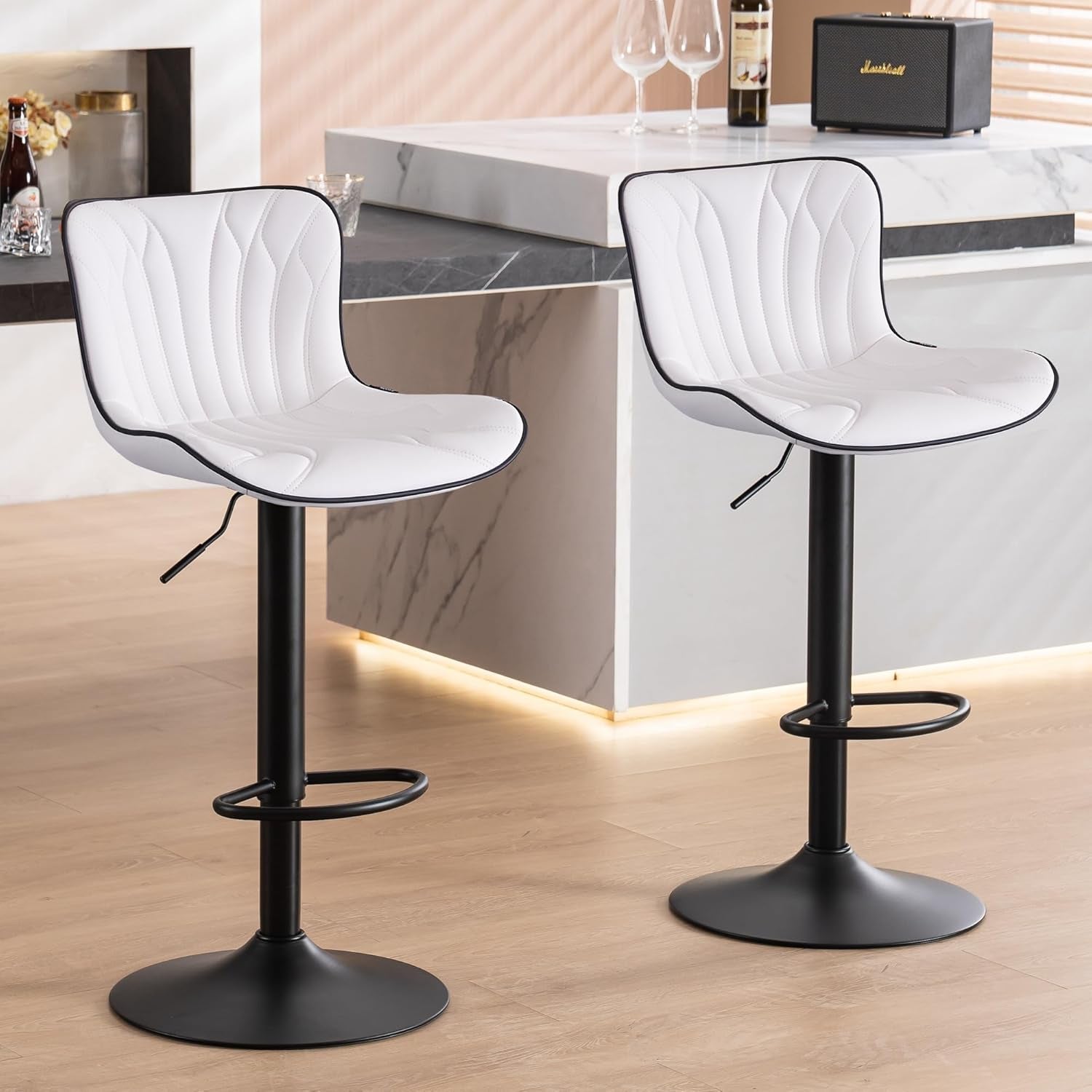 White Bar Stools Set of 2 Modern Kitchen Counter Height Bar Chair with Back Swivel Adjustable Faux Leather Upholstered Barstools for Breakfast Island Tall 300LBS-0