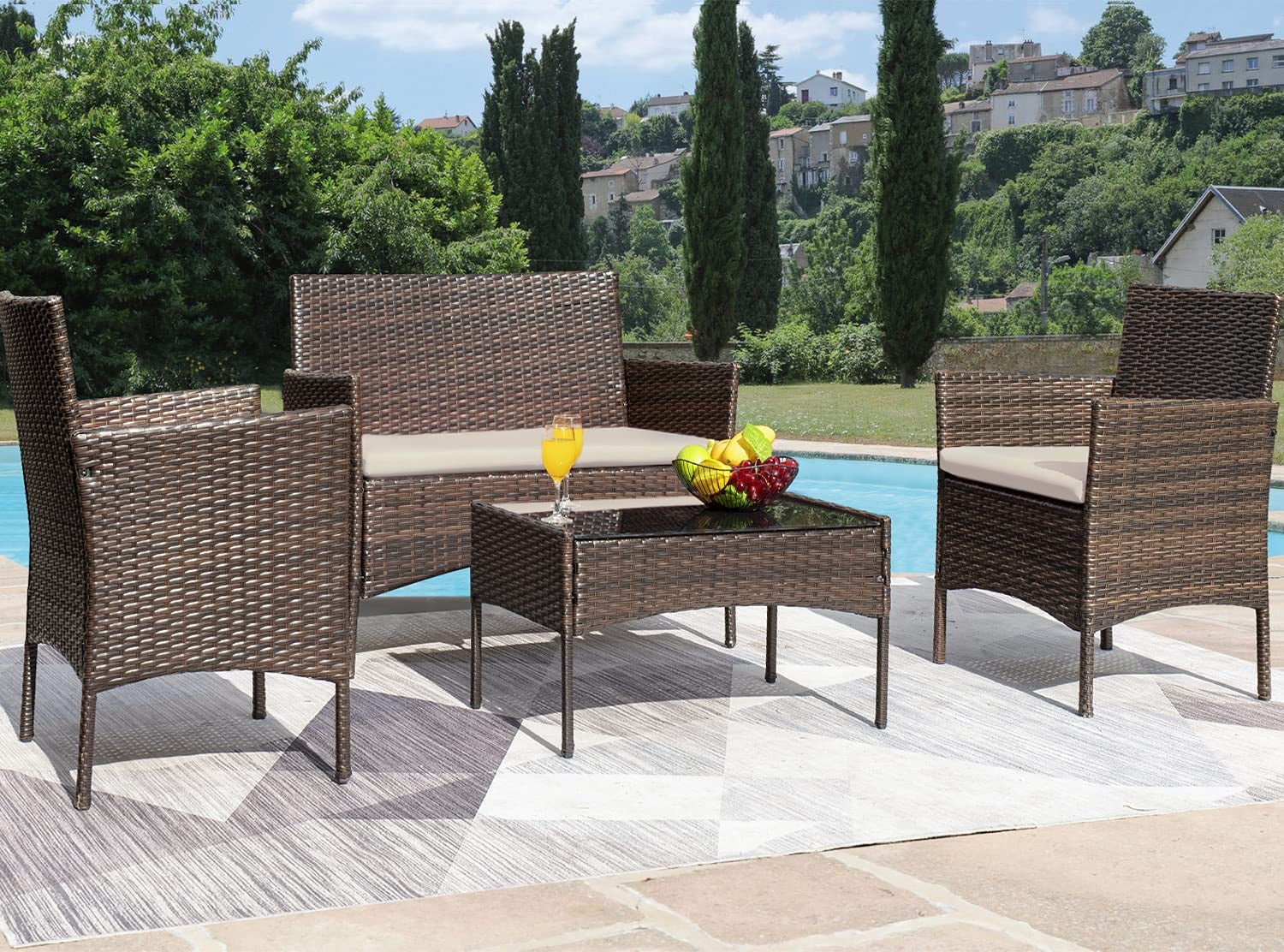 4 Piece Wicker Patio Set With Glass Table Beige Cushions-2