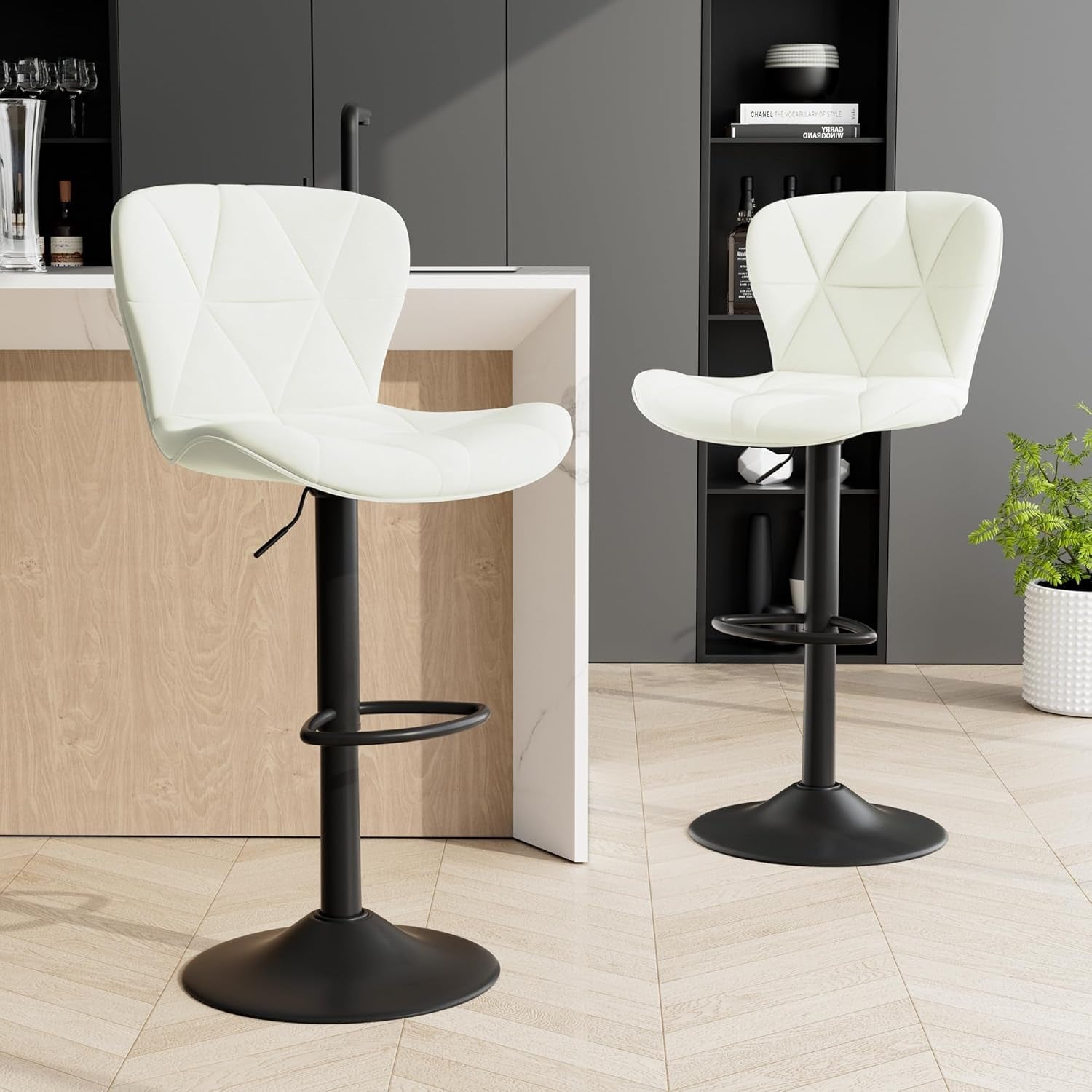 Adjustable Swivel Bar Stools Set Of 2 White Faux Leather-4