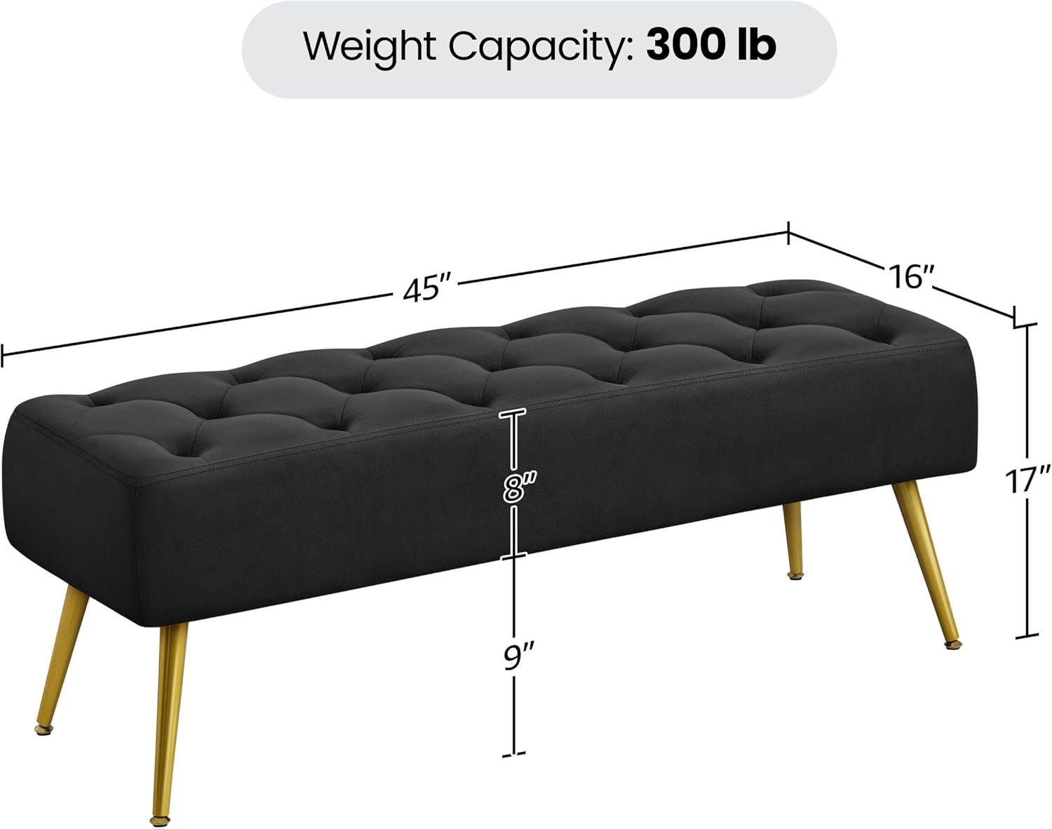 Black Velvet Upholstered Ottoman Bench Golden Legs-2