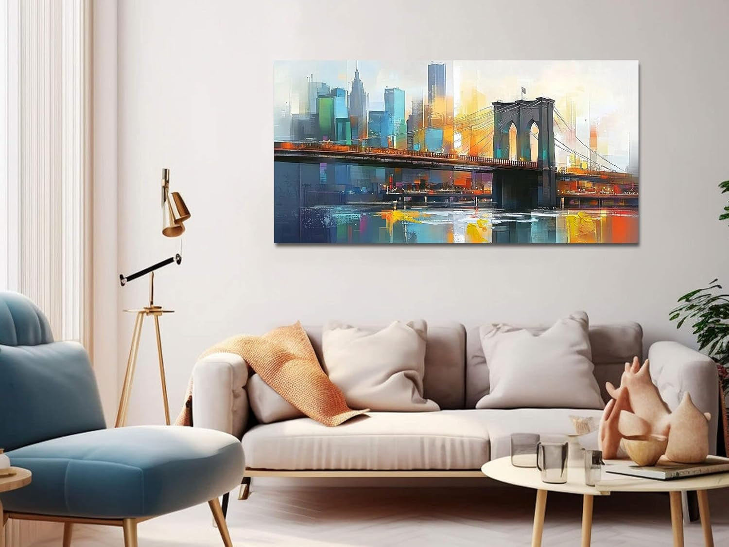 New York City City scape Wall Art Blue Grey 40x20 Framed Canvas-1