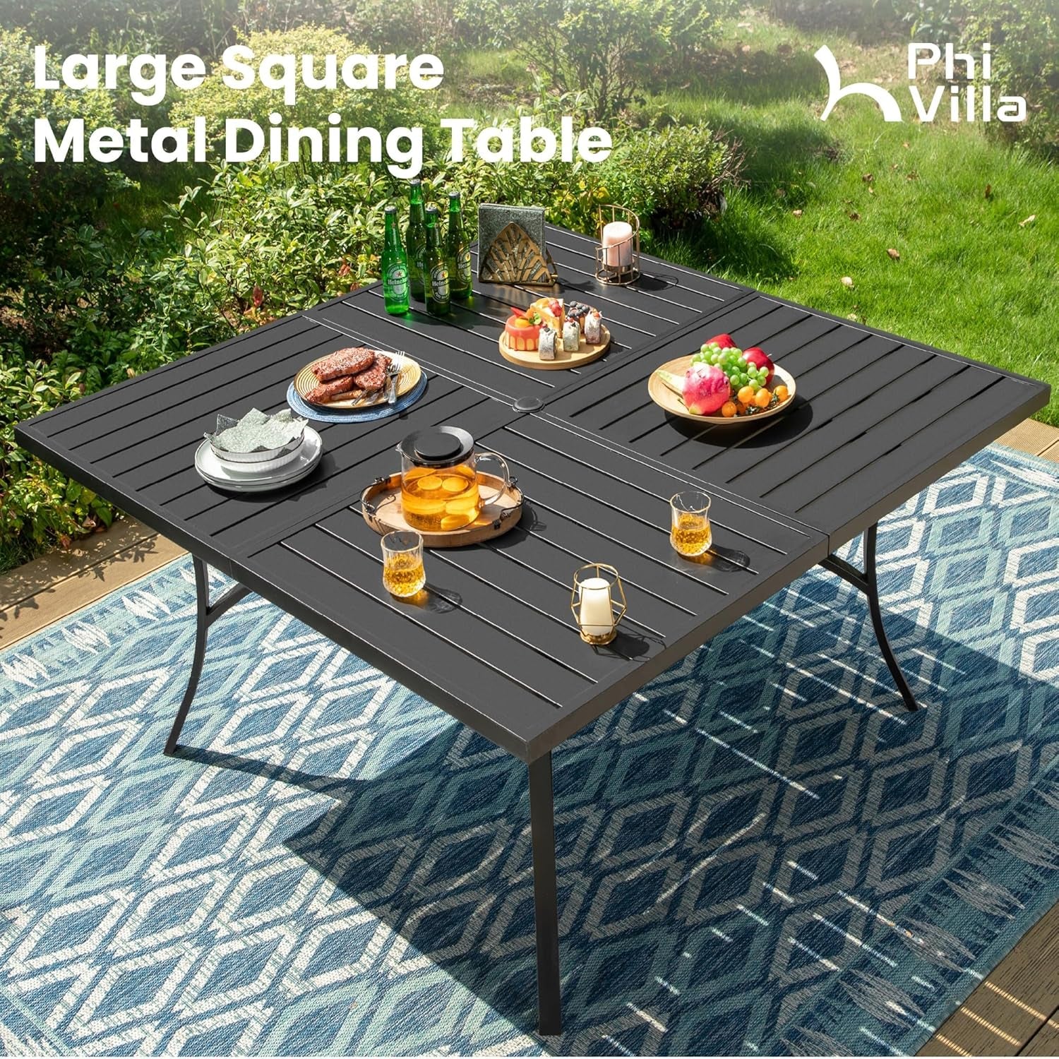 9 Piece Patio Dining Set With Large Square Metal Table And 8 Swivel Chairs-4
