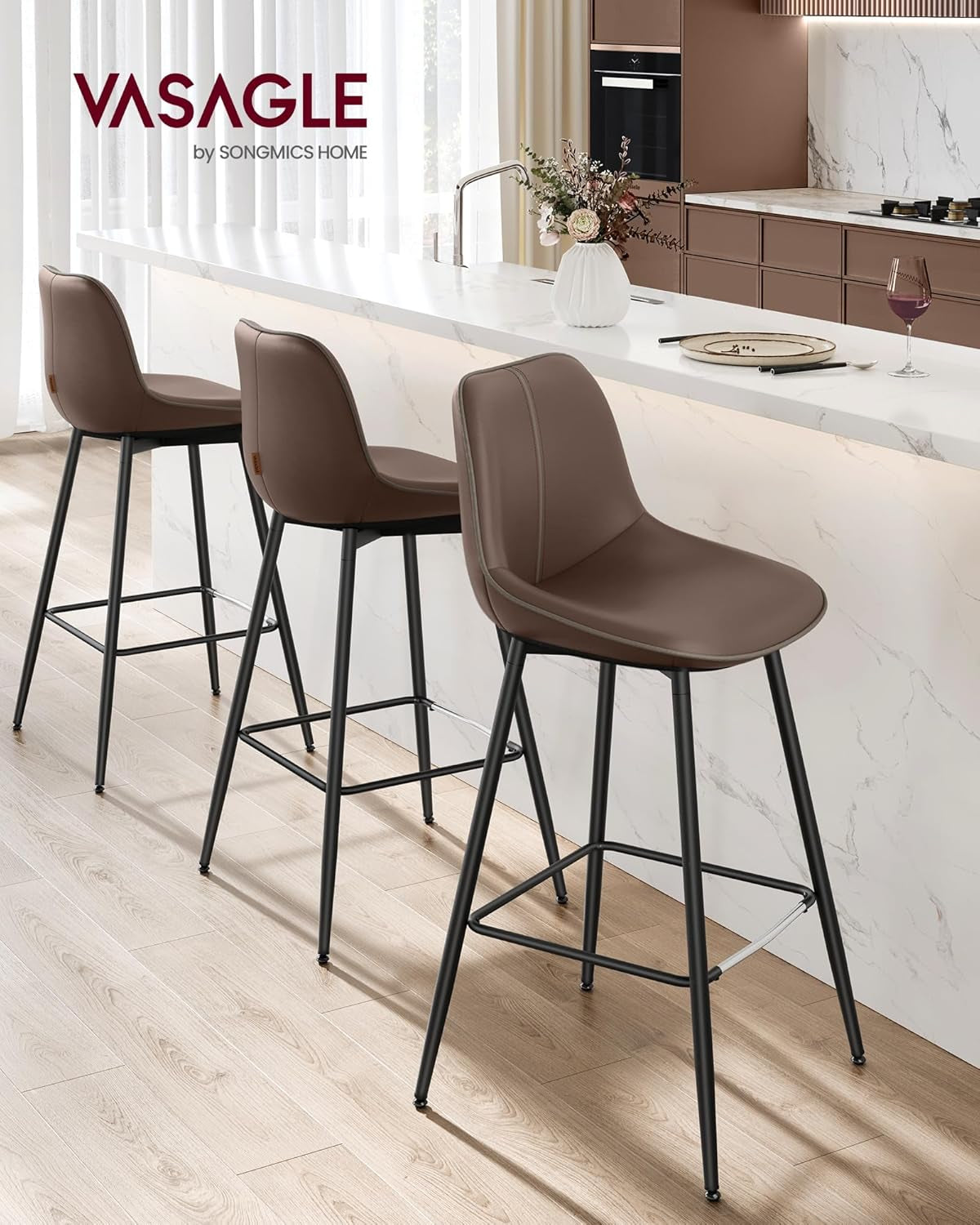 Bar Stools Set Of 2, 28.7 Inch Bar Height With Back, Coffee Brown-2