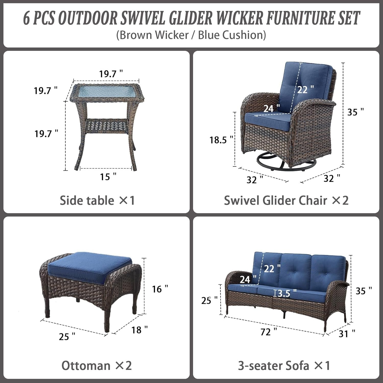 Six Piece Patio Conversation Set Brown Wicker Blue Cushions-1