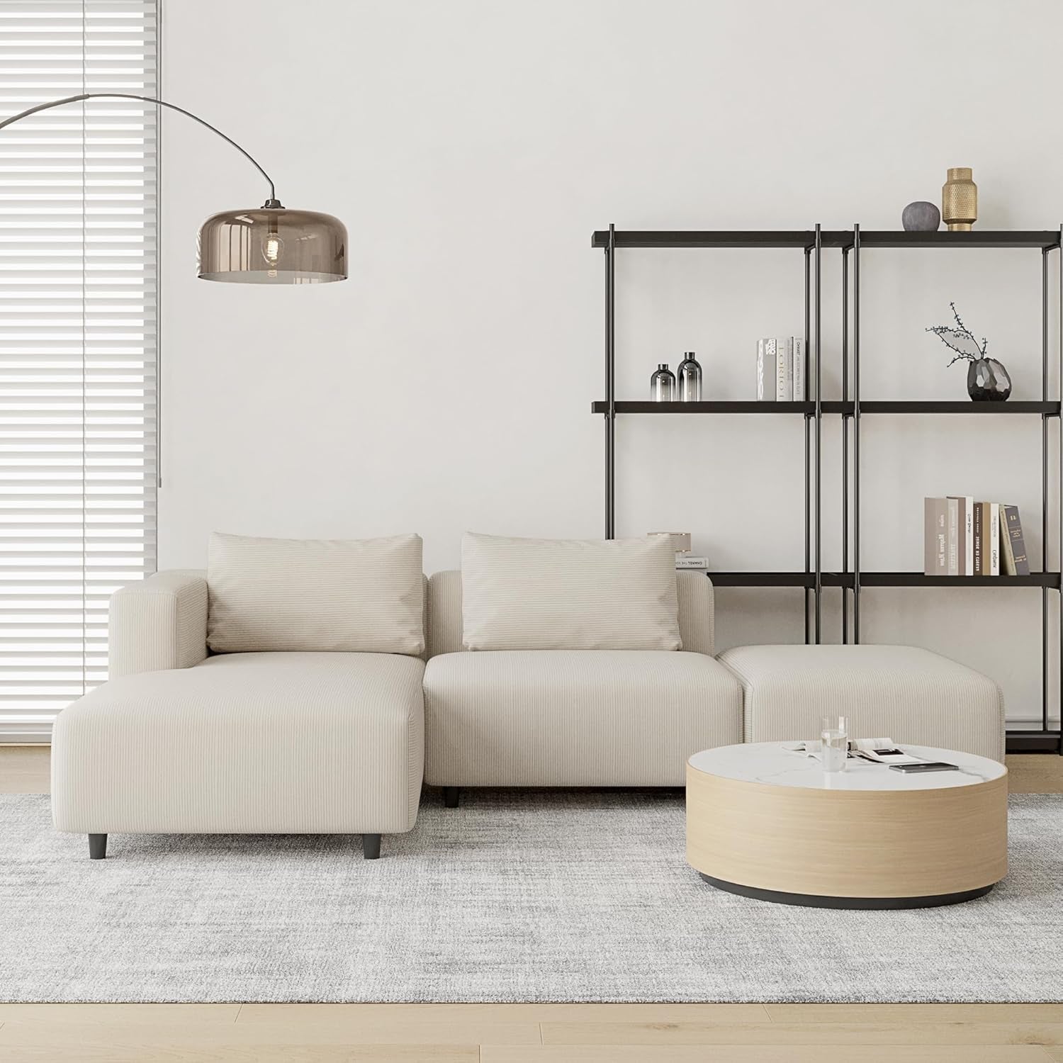 Soft Corduroy Sectional Modular Sofa Set, Modern L-Shaped Chaise Couch for Living Room, Apartment, Office, Small Spaces, Cream-0