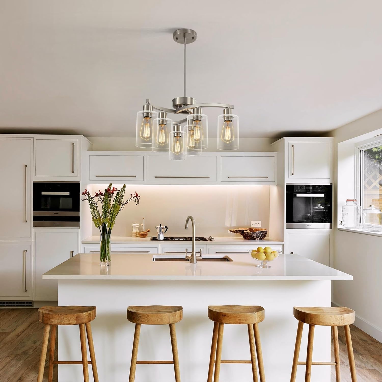 Six Light Brushed Nickel Industrial Glass Chandelier-1