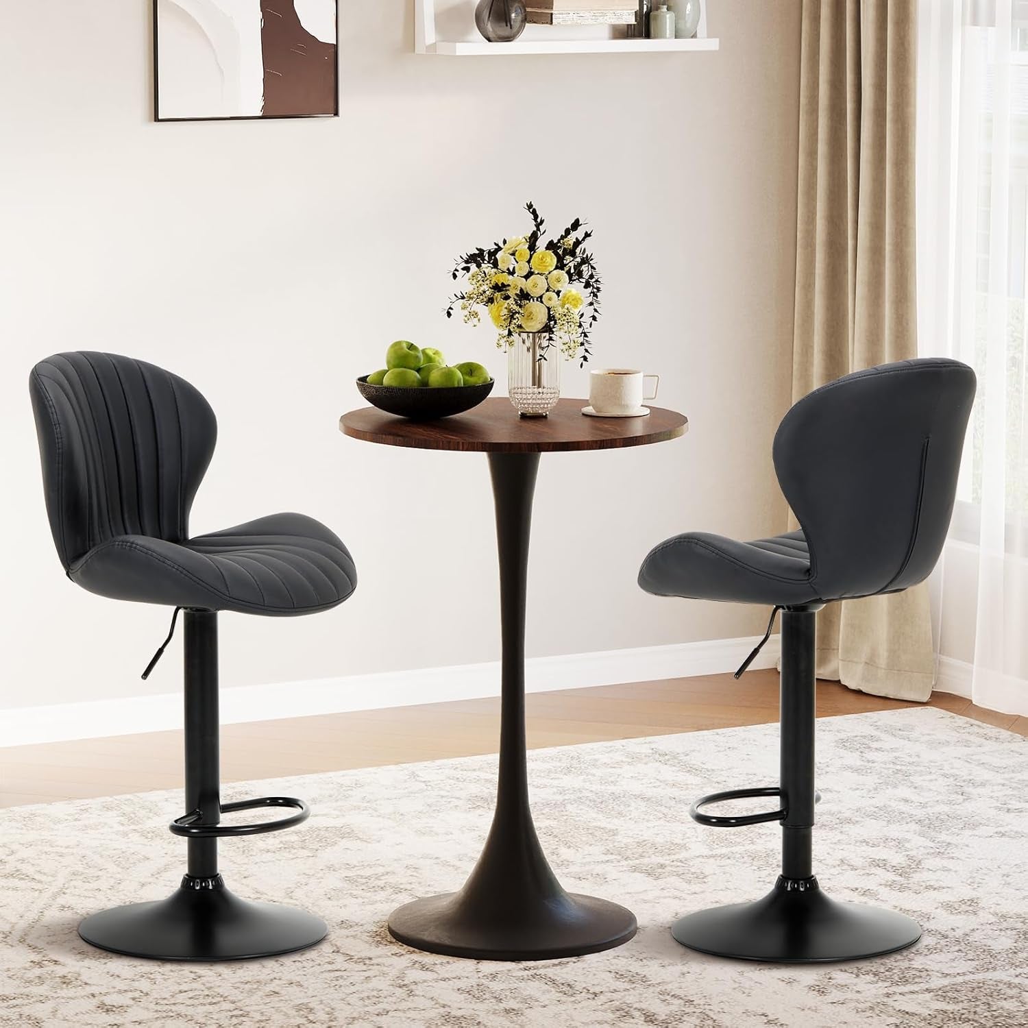 Black Adjustable Faux Leather Swivel Bar Stool Set Of Four-2