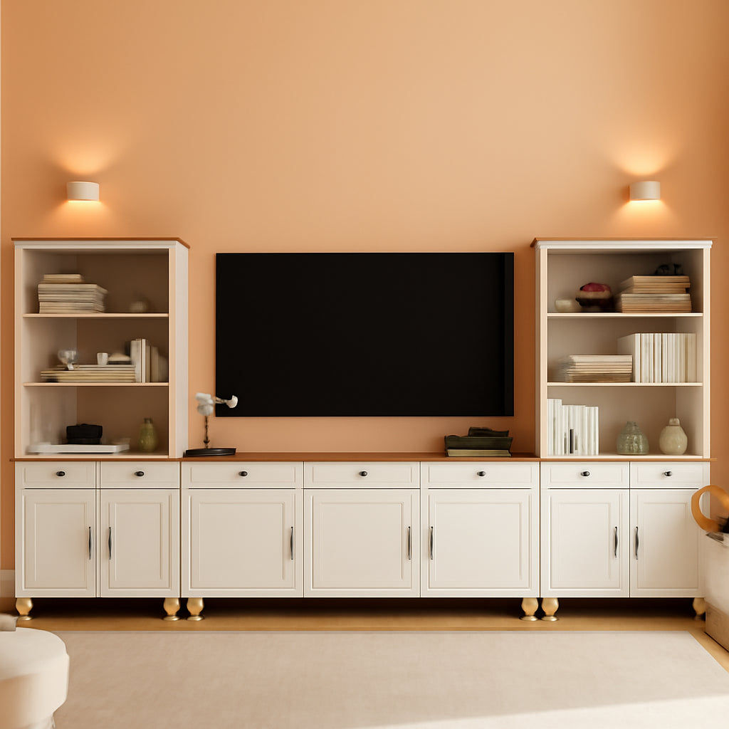 Entertainment Center with Bookshelves for Tvs up to 75", Farmhouse Wall Unit TV Stand with 8 Doors & 4 Drawer, Media Console Table for Living Room, Bedroom & Home Theater, off White-0