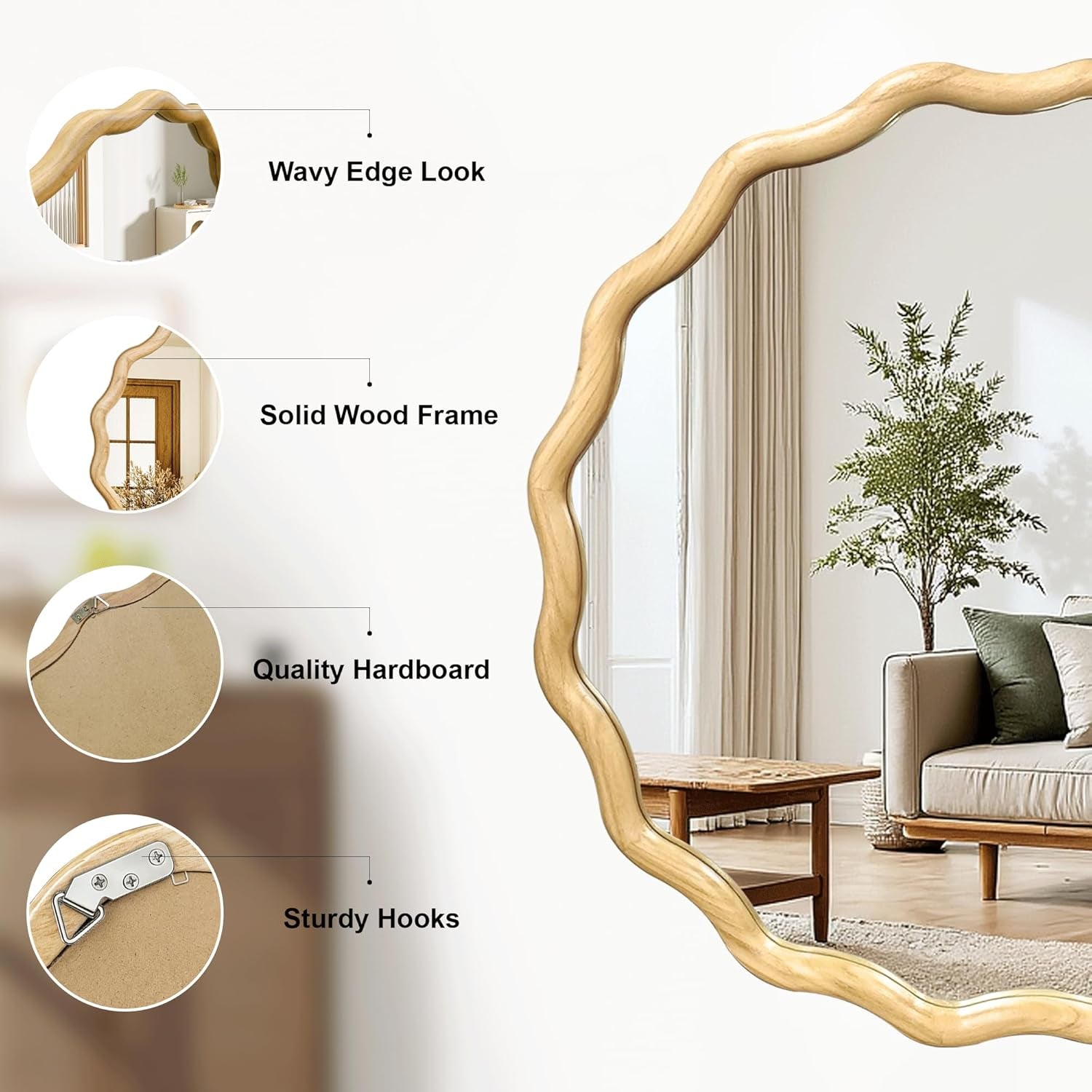Round Wood Wall Mirror 24 Inch Shatterproof Glass Mounted-2