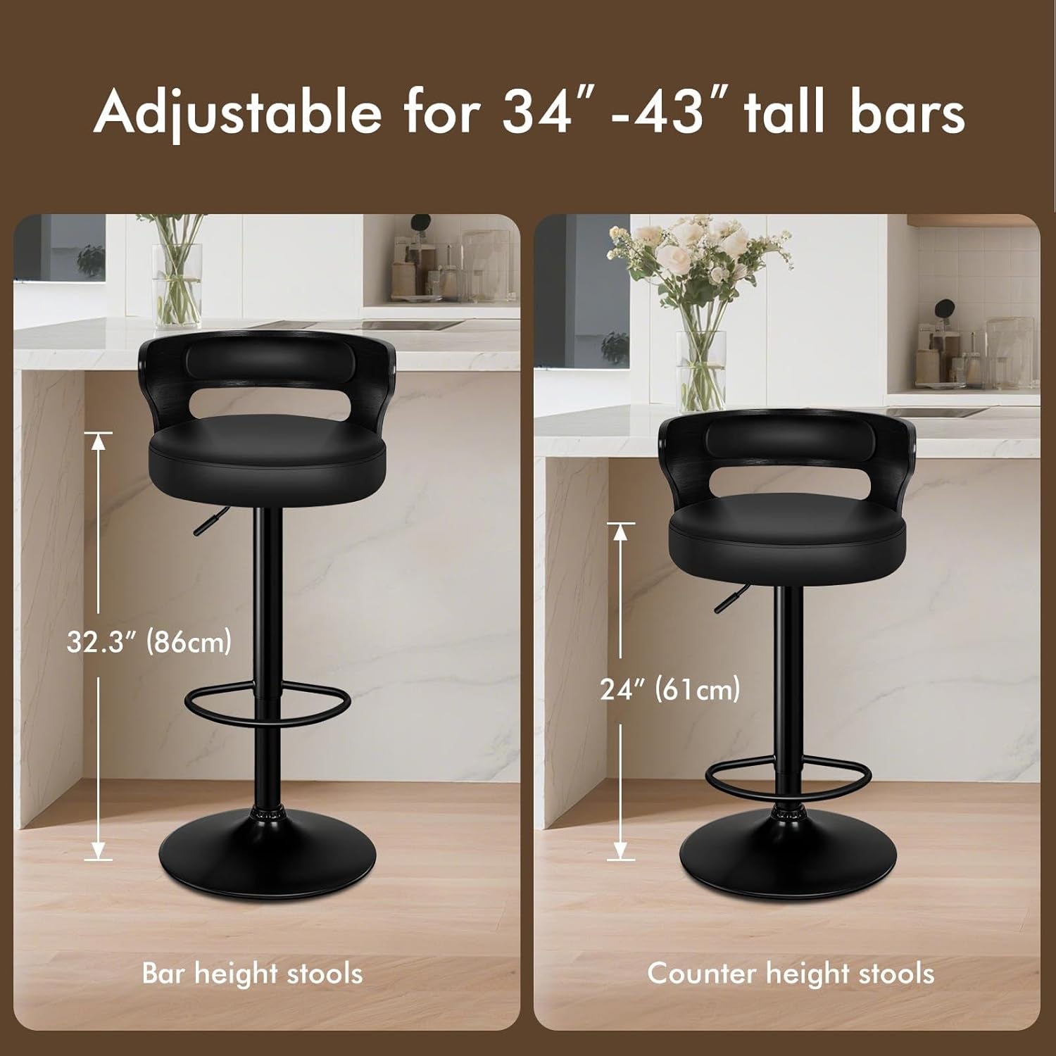 Adjustable Swivel Bar Stools Set of Two Black-1