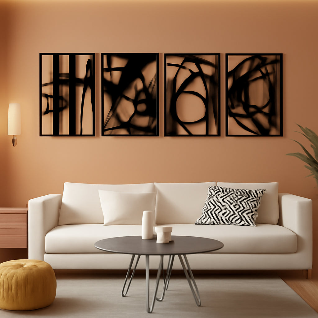 Black Abstract Metal Wall Art 4 Pack Minimalist 3D-0