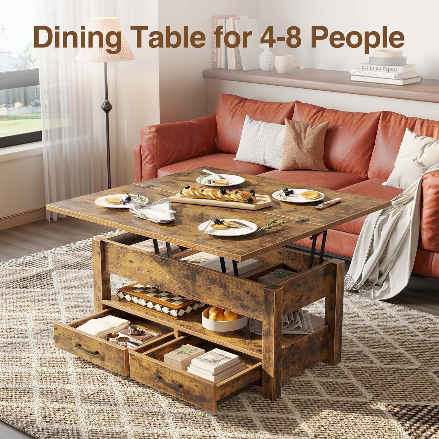 Coffee Table Lift Top, Multi-Function Convertible Coffee Table with Drawers and Hidden Compartment, Coffee Table Converts to Dining Table for Living Room, Home Office, Rustic Brown-3