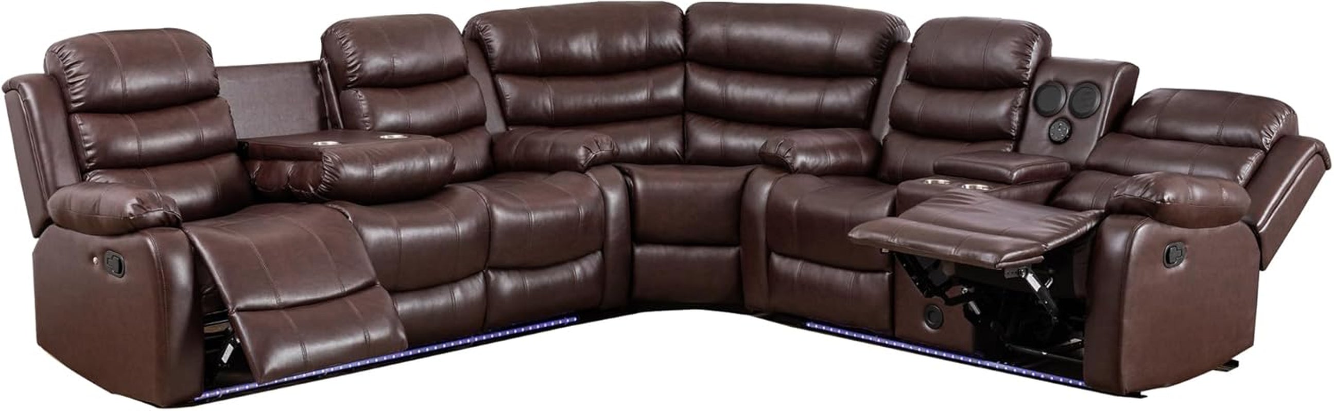 Brown PU Leather Reclining Sectional Sofa USB Chargers-3