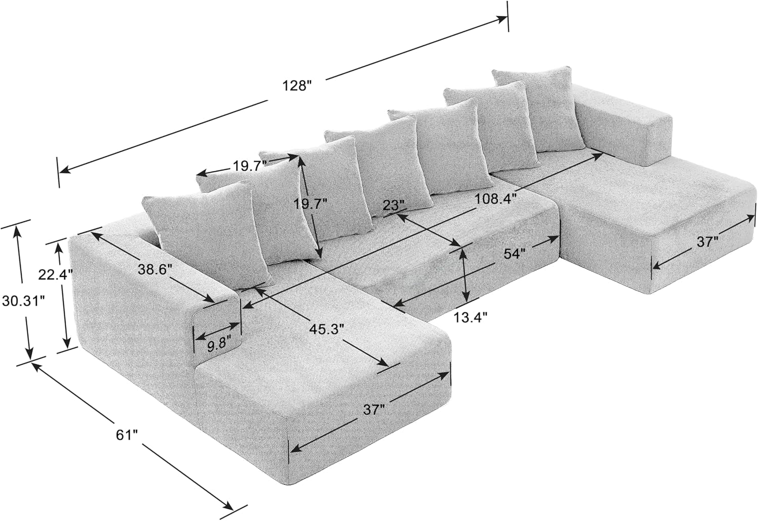 U Shaped Modular Sectional Sofa 6 Seater Grey Chenille-1