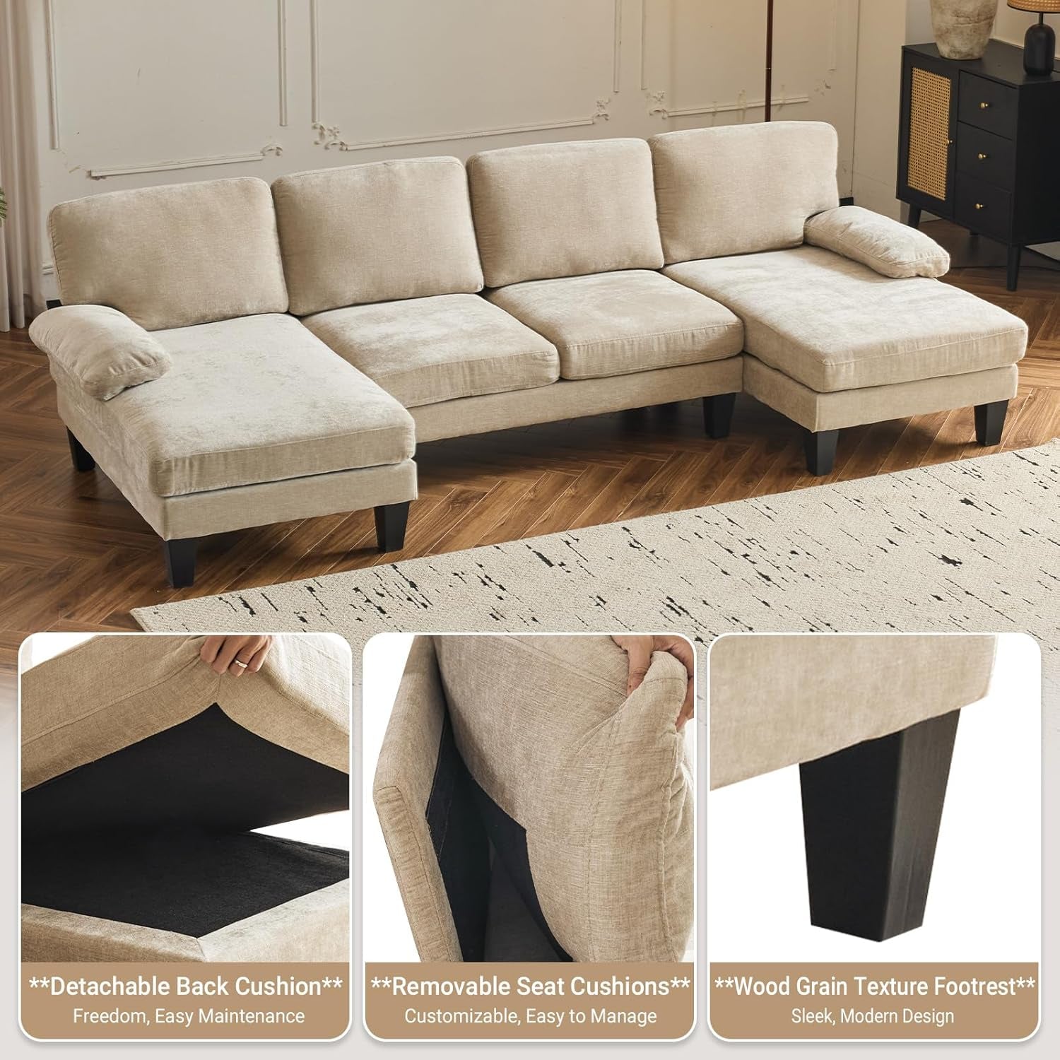 Light Khaki 110" U-Shape Sectional Couch Double Chaise-3