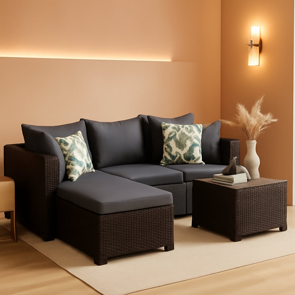 5 Piece Patio Furniture Set Waterproof Rattan Grey Cushions-0