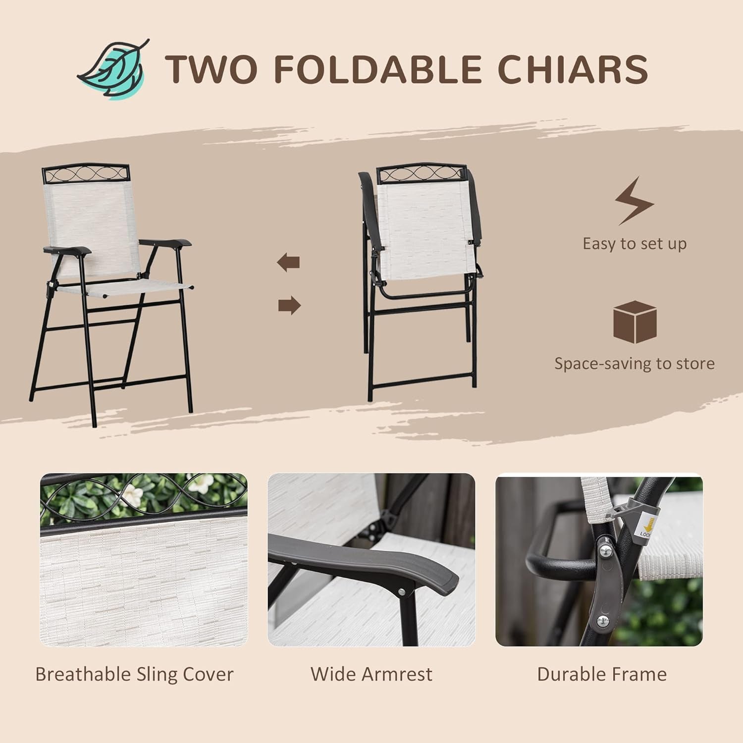 Patio Dining Set With 2 Folding Chairs Beige Umbrella-3
