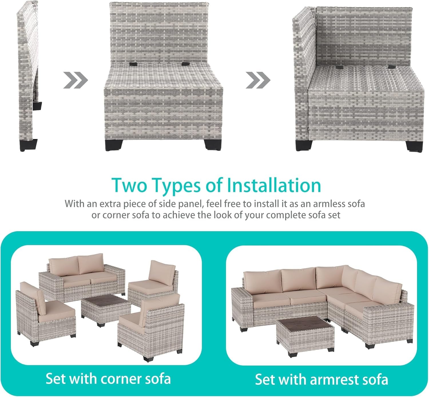 Beige 6 Piece Wicker Patio Sofa Set With Thick Cushions-3
