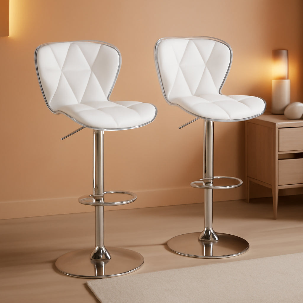 Bar Stools Set Of 2 White PU Leather Adjustable Swivel-0