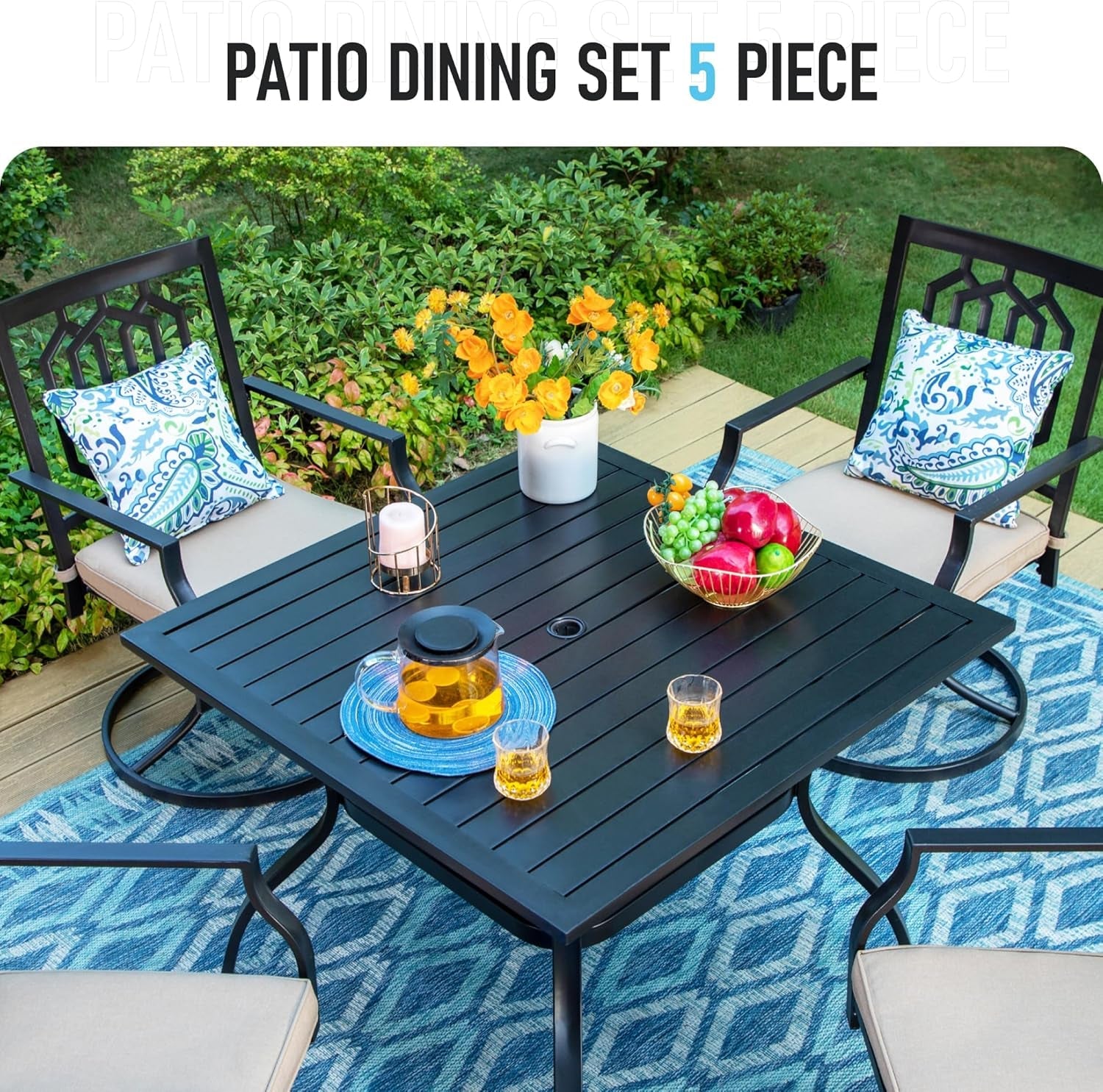 Patio Dining Set 5 Pieces With 37 Inch Table And Cushioned Swivel Chairs-1