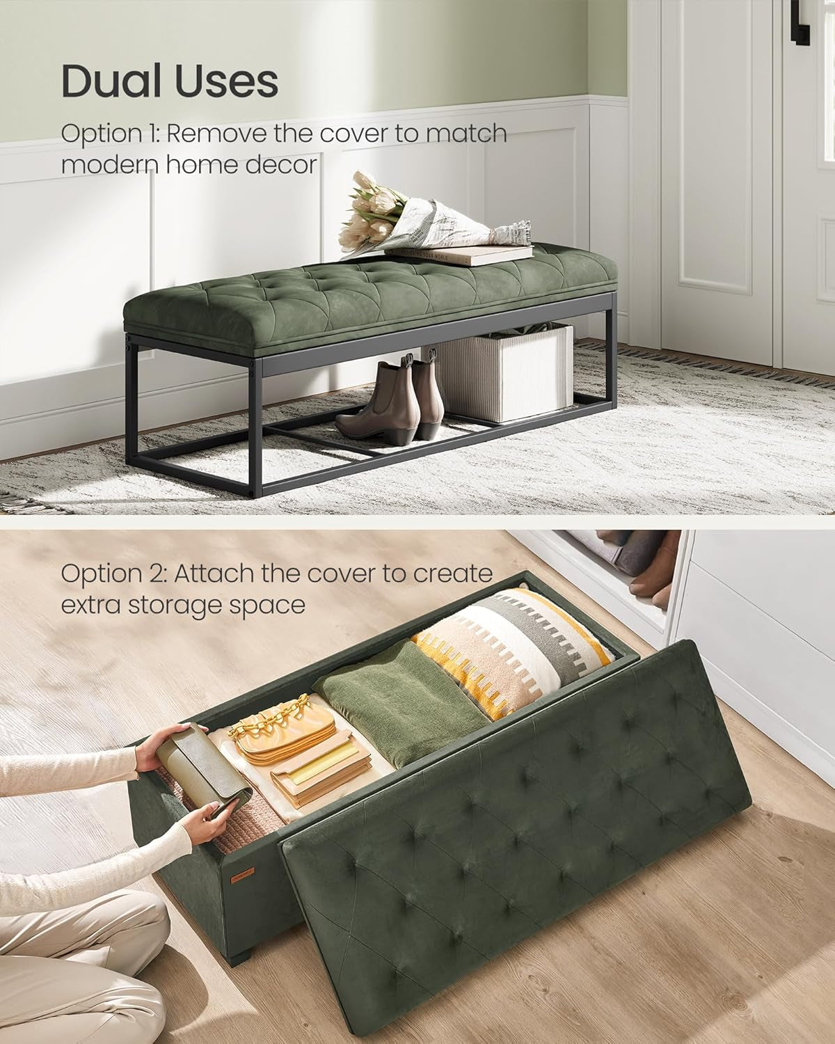 Forest Green Velvet Storage Ottoman Bench Entryway-3