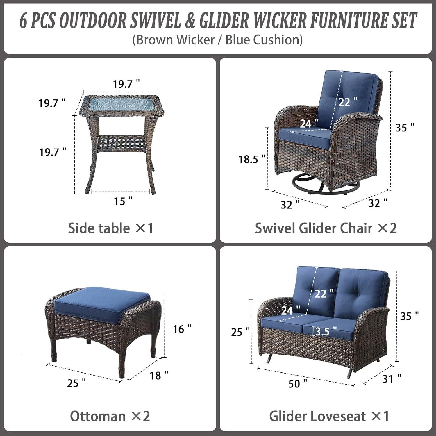 6 Piece Patio Conversation Set Brown Wicker Blue Cushions-1