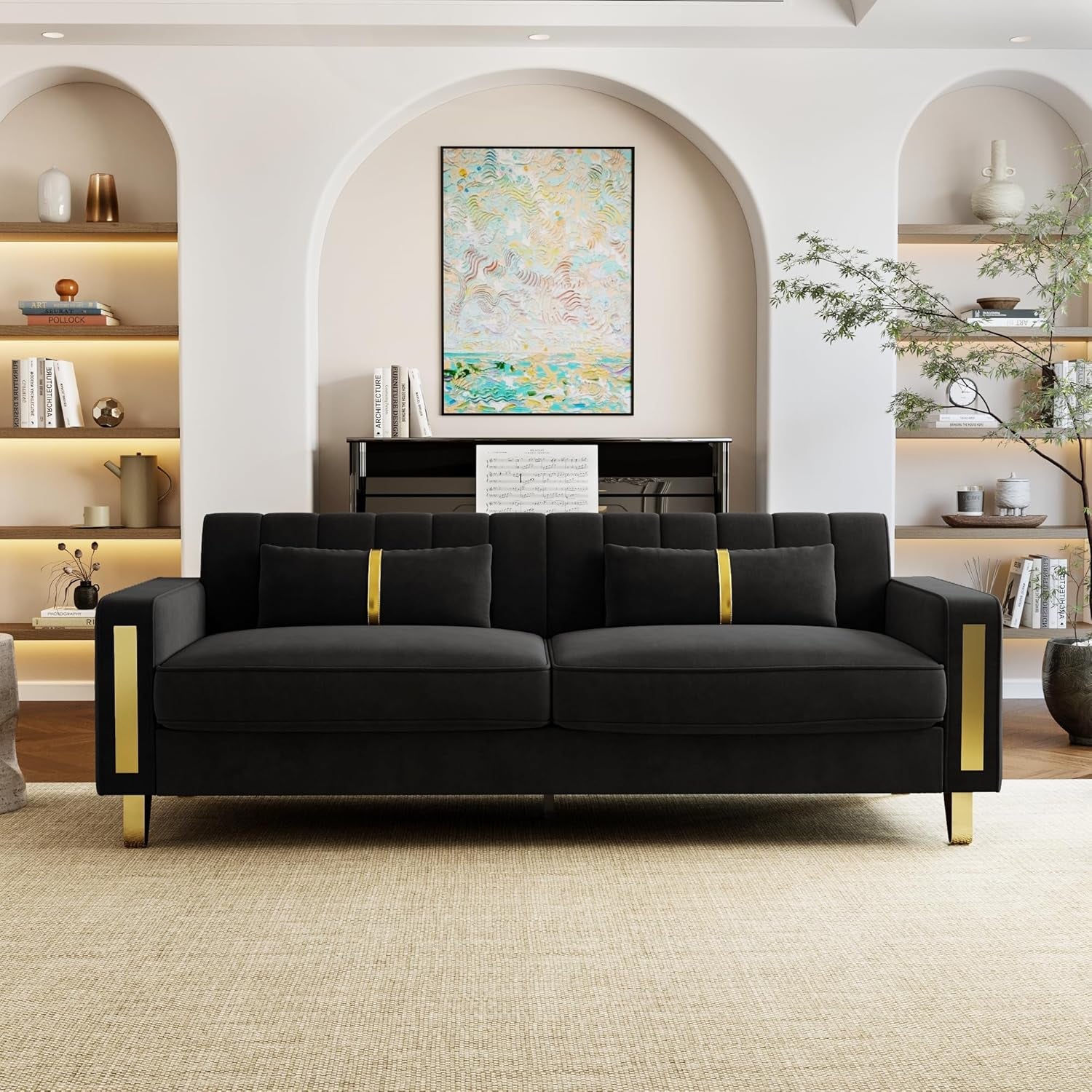 Loveseat Couch for Living Room, 86" Black Velvet Sofa Couch with 2 Pillows & Gold Metal Legs, Modern Upholstered Sofa Love Seat Sectional Couches for Apartment Home Office-0