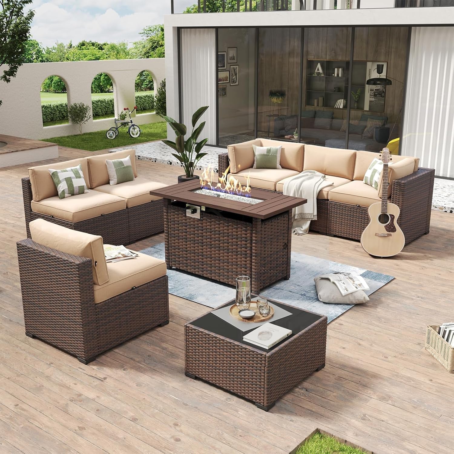 Eight Piece Outdoor Patio Furniture Set with Fire Pit-0