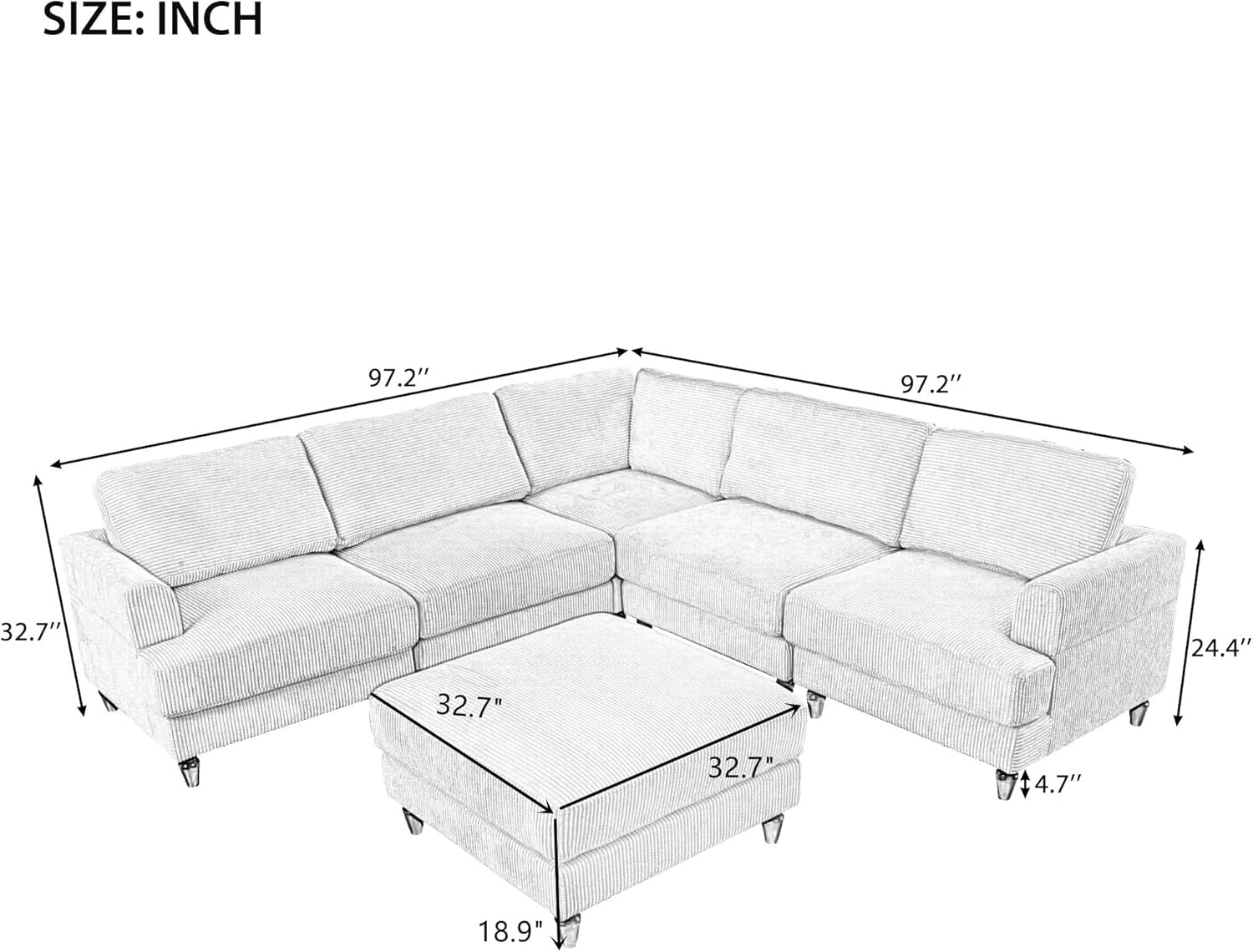Large Sectional Sofa Couch with Ottoman for Living Room, L Shaped Corduroy Fabric Sofa Couch, 98" L Modular Corner Sectional Sofa for Spacious Space Office, Beige-1