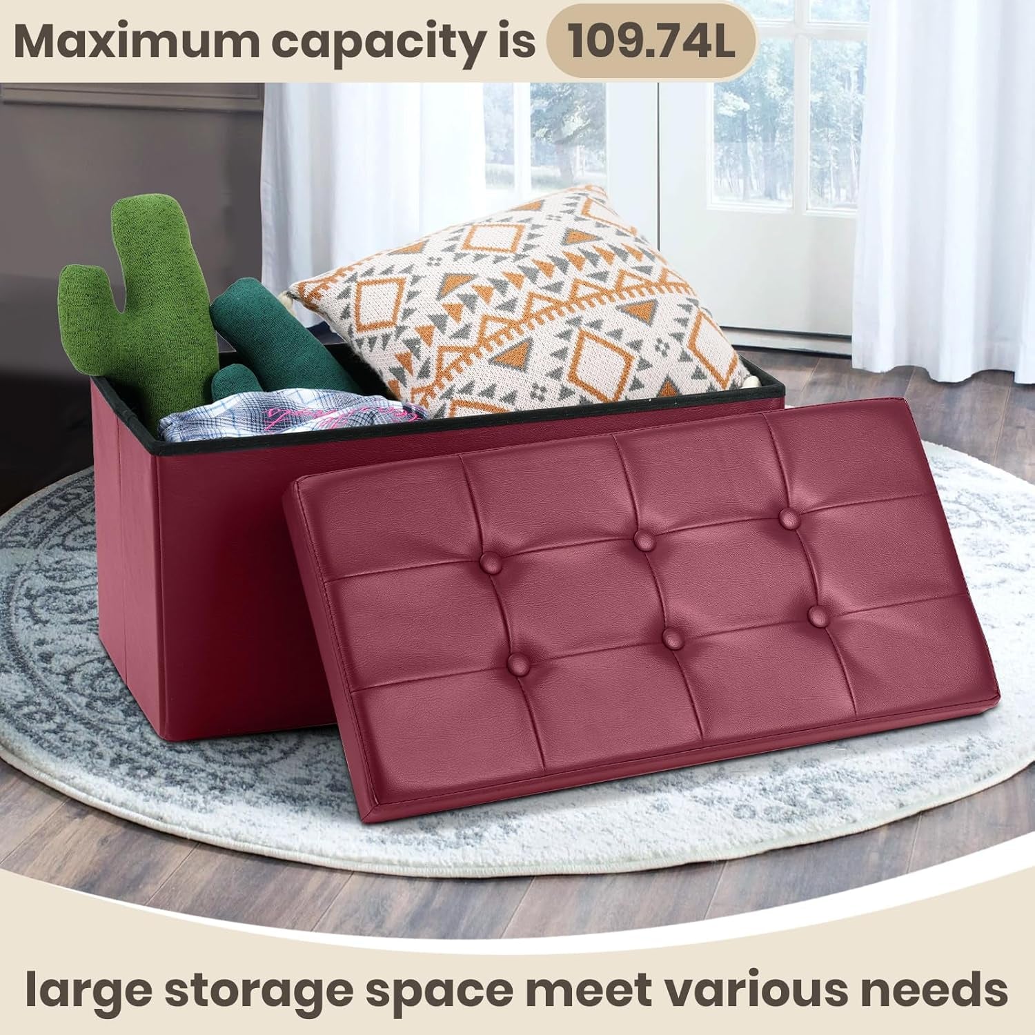 Ottoman Storage Bench 30x15x15 Inches Burgundy Leather-4