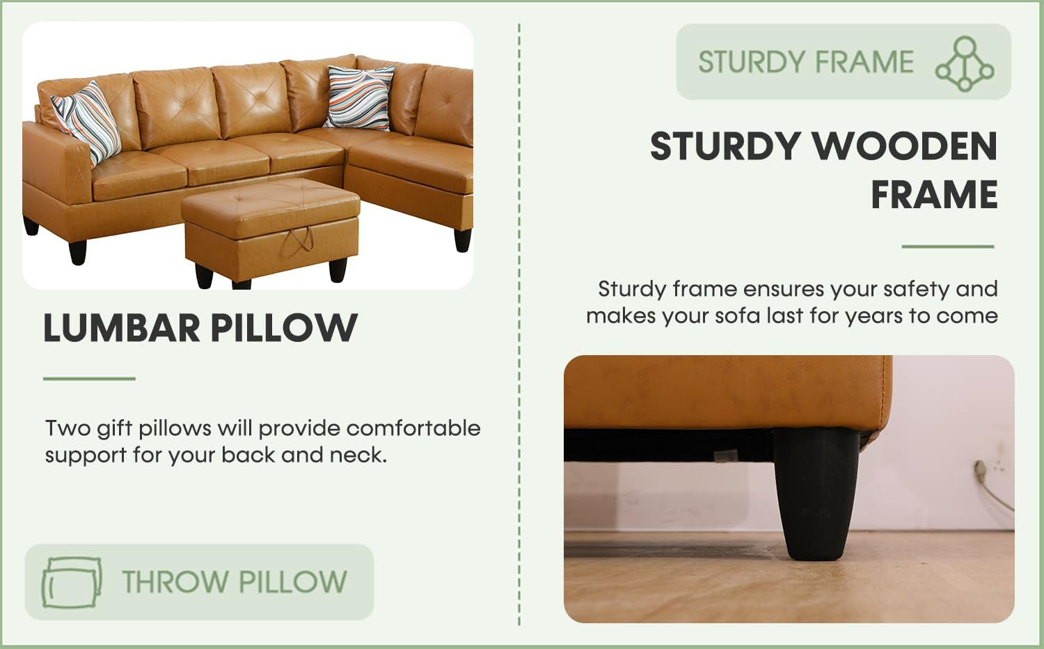 Leather Sectional Sofa Couch,L-Shape Sofa Sectional Couch Set with Storage Ottoman for Living Room/Apartment/Office(Ginger，Facing Right Chaise)-4