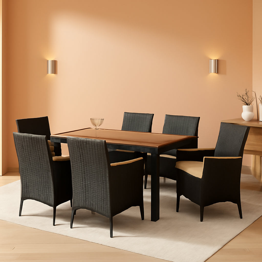 7 Piece Patio Dining Set Acacia Wood Table Black Rattan-0