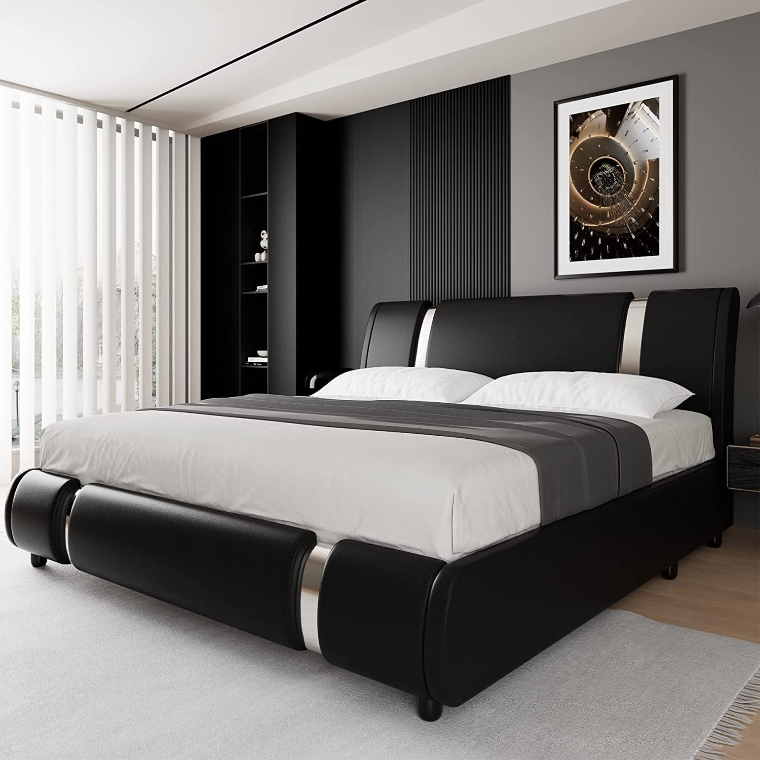 Queen Faux Leather Upholstered Platform Bed Frame-0