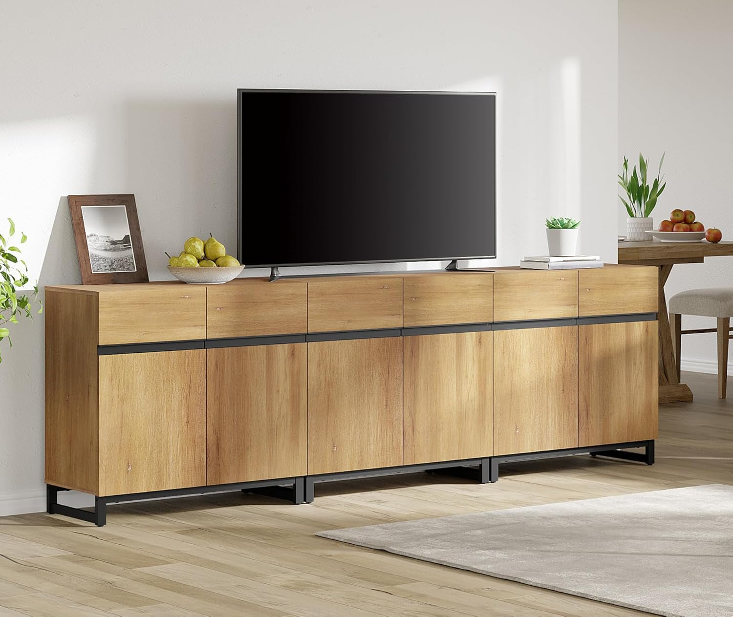 Modern TV Stand for Tvs up to 110 Inch, 3 in 1 Wood Entertainment Center TV Console Table with Adjustable Shelves and Metal Base for Living Room,Bedroom,Oak-2