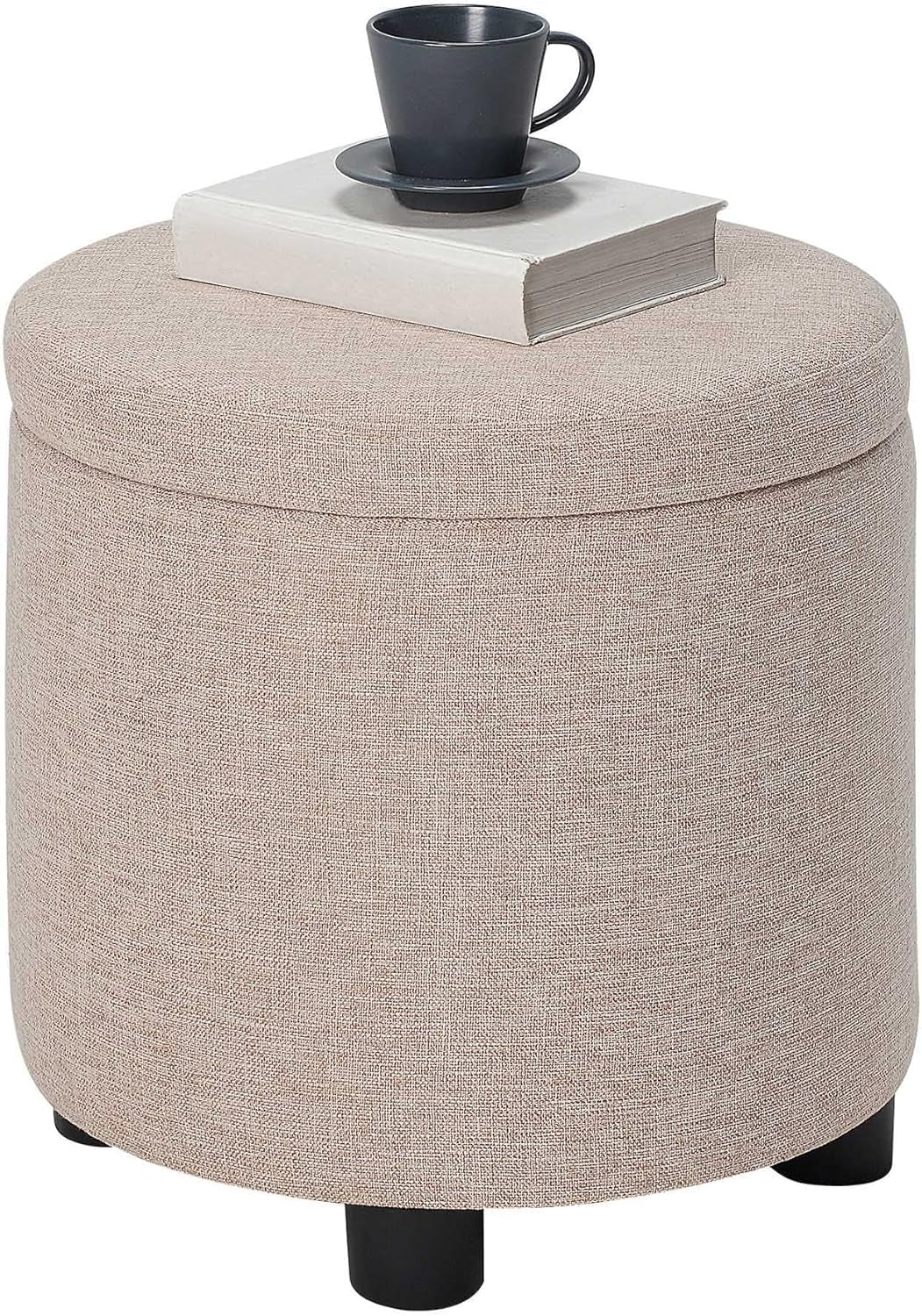 Round Storage Ottoman Upholstered Removable Tray Lid-3