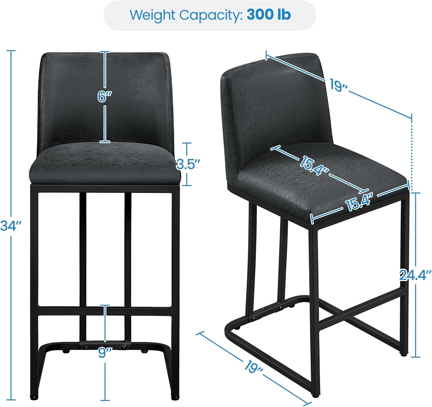 24 Inch Dark Gray Leather Counter Height Bar Stools Set 2-2